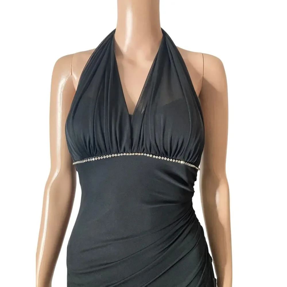 Vintage Black Halter Maxi Dress Womens Small Rhinestone Open Back Formal Gown